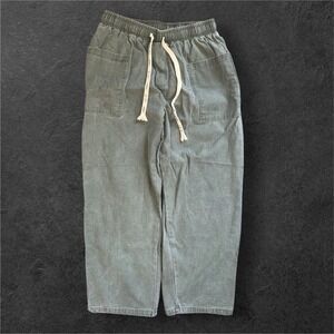 Kidiriman Mens L Cropped Relaxed Pants Sage Green Herringbone Elastic Waist